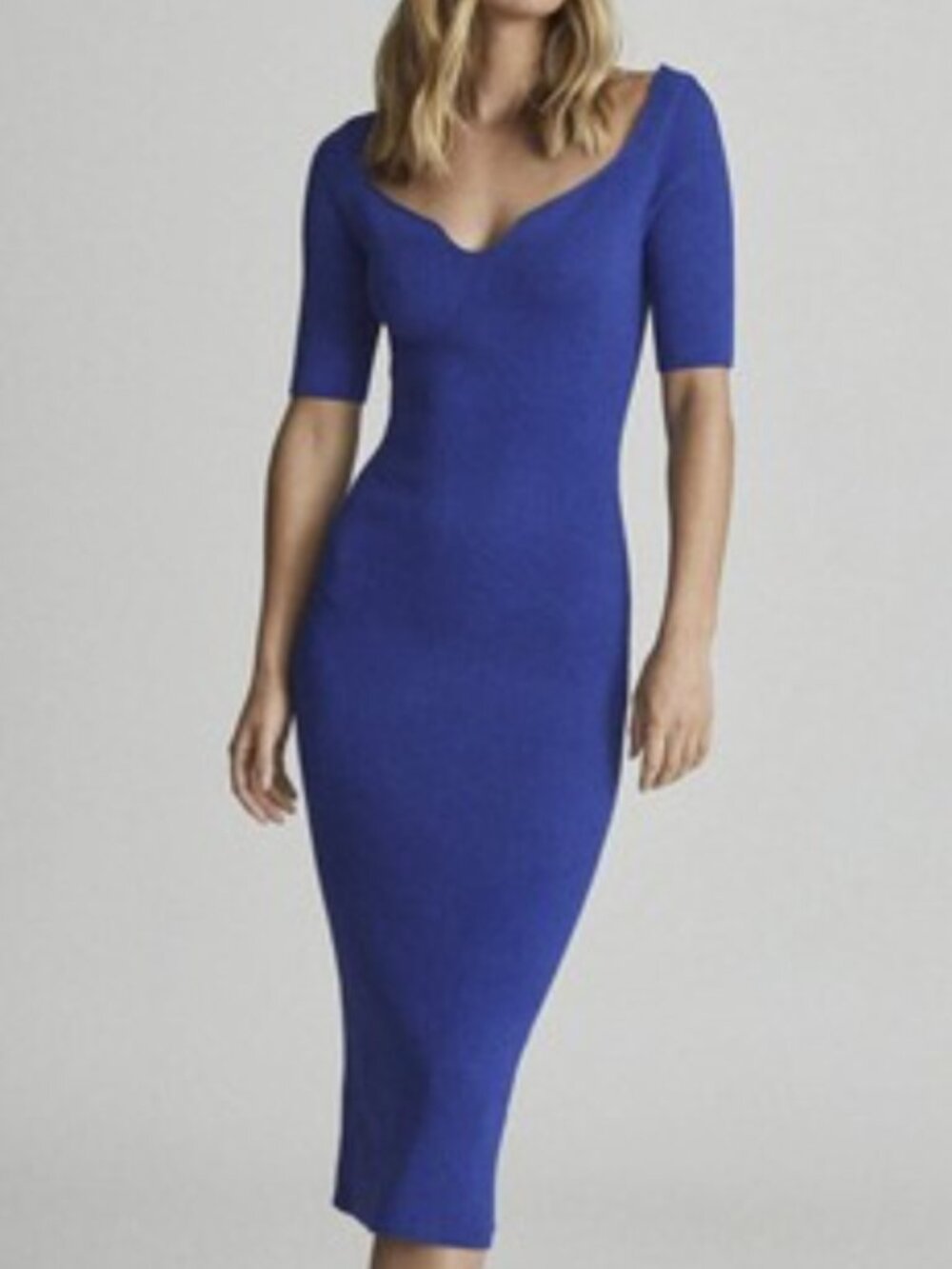 Reiss Cobalt Blue Bodycon Midi Dress with Sweetheart Scoop Neck